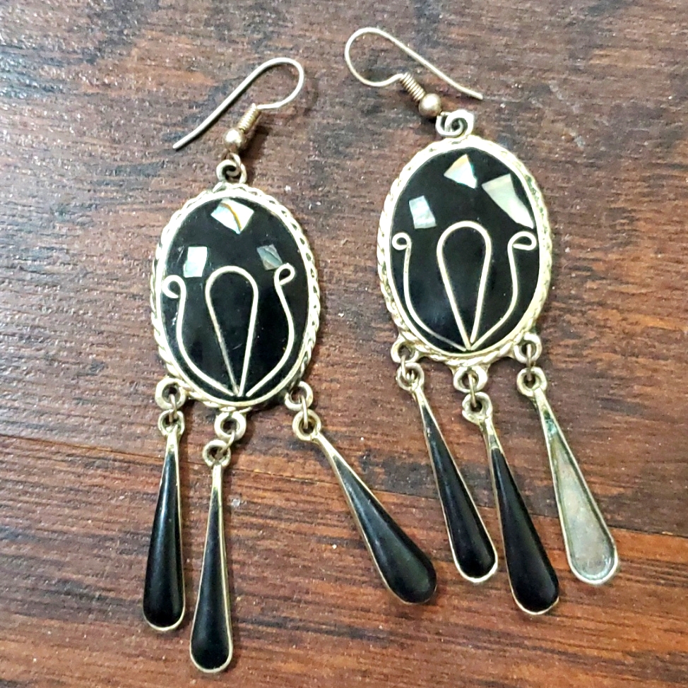 Vintage Alpaca Mexico Abalone Shell Mother Of Pearl Dangle Earrings 34$
